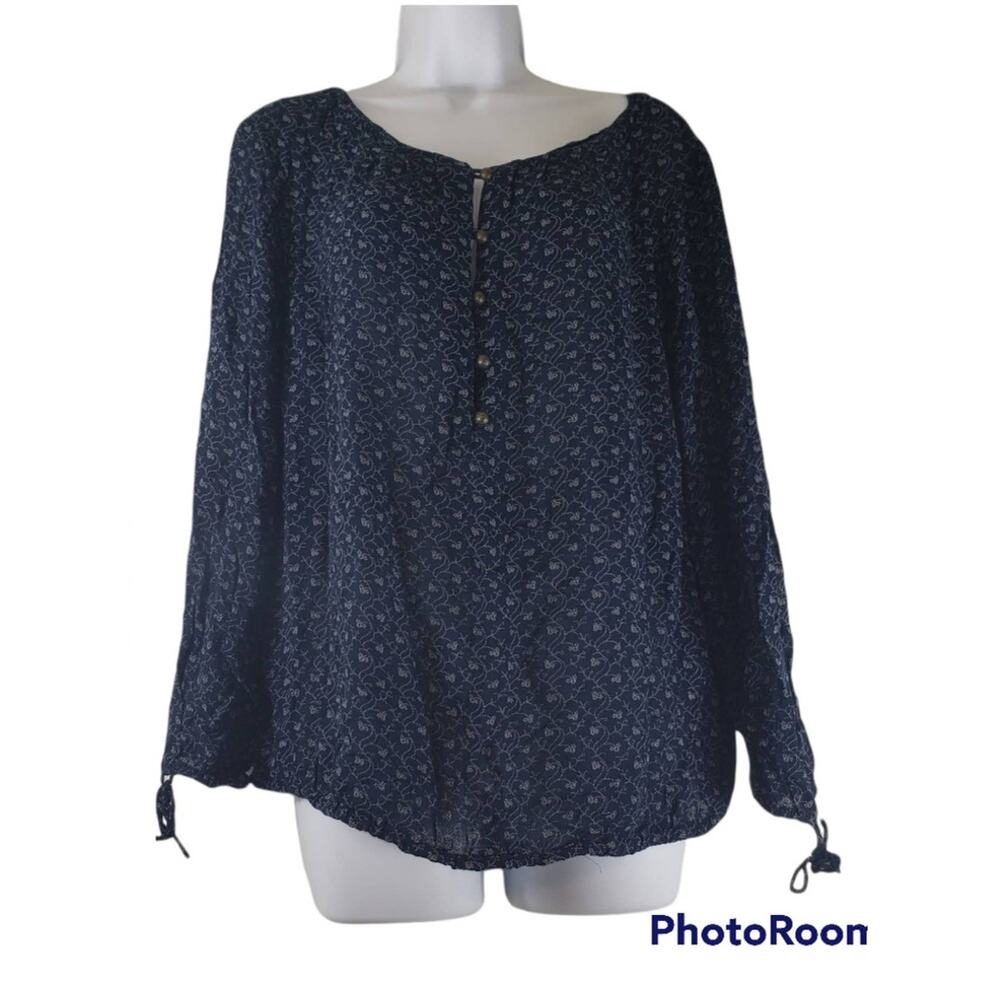 Lucky Brand Navy Blue Floral Boho Blouse Size Large